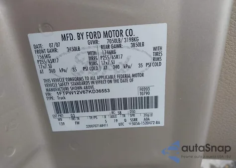 2007 Ford F-150 Lariat/Xlt из США, поврежденный, VIN 1FTPW12V67KD36553